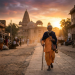 Elderly woman in traditional Indian clothing walking with a cane near a temple at sunset